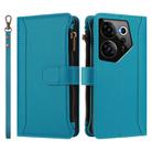 For Tecno Camon 20 Premier 5G Magnetic Closure 9 Card Slots Zipper Leather Case with Hand Strap(Turquoise) - 2