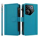 For Tecno Camon 20 Pro 5G Magnetic Closure 9 Card Slots Zipper Leather Case with Hand Strap(Turquoise) - 2