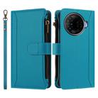 For Tecno Camon 30 Pro 5G Magnetic Closure 9 Card Slots Zipper Leather Case with Hand Strap(Turquoise) - 2