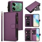 For Tecno Pova 6 4G Magnetic Closure 9 Card Slots Zipper Leather Case with Hand Strap(Purple) - 1