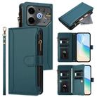 For Tecno Pova 6 Neo 5G Magnetic Closure 9 Card Slots Zipper Leather Case with Hand Strap(Dark Green) - 1