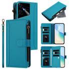 For Tecno Pova Neo 3 Magnetic Closure 9 Card Slots Zipper Leather Case with Hand Strap(Turquoise) - 1