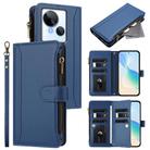 For Tecno Spark 10 5G Magnetic Closure 9 Card Slots Zipper Leather Case with Hand Strap(Dark Blue) - 1