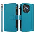 For Tecno Spark 10C / Spark 10 4G Magnetic Closure 9 Card Slots Zipper Leather Case with Hand Strap(Turquoise) - 2