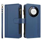 For Huawei Mate 60 Magnetic Closure 9 Card Slots Zipper Leather Case with Hand Strap(Dark Blue) - 2