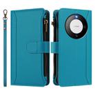 For Huawei Mate 60 Pro / 60 Pro+ Magnetic Closure 9 Card Slots Zipper Leather Case with Hand Strap(Turquoise) - 2
