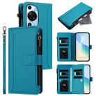 For Huawei P60 Art Magnetic Closure 9 Card Slots Zipper Leather Case with Hand Strap(Turquoise) - 1