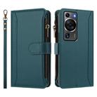 For Huawei P60 / P60 Pro Magnetic Closure 9 Card Slots Zipper Leather Case with Hand Strap(Dark Green) - 2