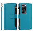 For Huawei P60 / P60 Pro Magnetic Closure 9 Card Slots Zipper Leather Case with Hand Strap(Turquoise) - 2