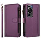 For Huawei P60 / P60 Pro Magnetic Closure 9 Card Slots Zipper Leather Case with Hand Strap(Purple) - 2