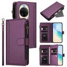 For Huawei nova 14 Magnetic Closure 9 Card Slots Zipper Leather Case with Hand Strap(Purple) - 1