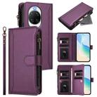 For Huawei nova 14 Ultra Magnetic Closure 9 Card Slots Zipper Leather Case with Hand Strap(Purple) - 1
