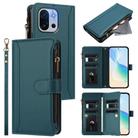 For OnePlus 13T 5G Magnetic Closure 9 Card Slots Zipper Leather Case with Hand Strap(Dark Green) - 1