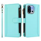For OnePlus 13T 5G Magnetic Closure 9 Card Slots Zipper Leather Case with Hand Strap(Mint Green) - 2