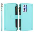 For OnePlus 9 Magnetic Closure 9 Card Slots Zipper Leather Case with Hand Strap(Mint Green) - 2