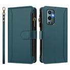 For OnePlus 9 Pro Magnetic Closure 9 Card Slots Zipper Leather Case with Hand Strap(Dark Green) - 2