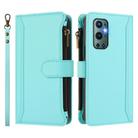 For OnePlus 9 Pro Magnetic Closure 9 Card Slots Zipper Leather Case with Hand Strap(Mint Green) - 2