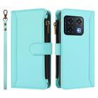 For OnePlus 10 Pro 5G Magnetic Closure 9 Card Slots Zipper Leather Case with Hand Strap(Mint Green) - 2