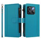 For OnePlus 10T 5G Global Magnetic Closure 9 Card Slots Zipper Leather Case with Hand Strap(Turquoise) - 2