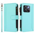 For OnePlus 10T 5G Global Magnetic Closure 9 Card Slots Zipper Leather Case with Hand Strap(Mint Green) - 2