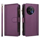 For OnePlus 11 Magnetic Closure 9 Card Slots Zipper Leather Case with Hand Strap(Purple) - 2