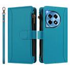 For OnePlus 12 5G Global Magnetic Closure 9 Card Slots Zipper Leather Case with Hand Strap(Turquoise) - 2