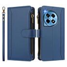 For OnePlus 12R 5G Global Magnetic Closure 9 Card Slots Zipper Leather Case with Hand Strap(Dark Blue) - 2