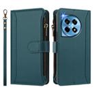 For OnePlus 12R 5G Global Magnetic Closure 9 Card Slots Zipper Leather Case with Hand Strap(Dark Green) - 2