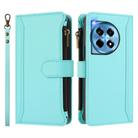 For OnePlus 12R 5G Global Magnetic Closure 9 Card Slots Zipper Leather Case with Hand Strap(Mint Green) - 2