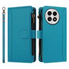 For OnePlus 13 Magnetic Closure 9 Card Slots Zipper Leather Case with Hand Strap(Turquoise) - 2