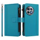For OnePlus Ace 2 Pro 5G Magnetic Closure 9 Card Slots Zipper Leather Case with Hand Strap(Turquoise) - 2