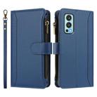 For OnePlus Nord 2 5G Magnetic Closure 9 Card Slots Zipper Leather Case with Hand Strap(Dark Blue) - 2