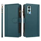 For OnePlus Nord 2 5G Magnetic Closure 9 Card Slots Zipper Leather Case with Hand Strap(Dark Green) - 2