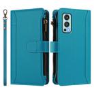 For OnePlus Nord 2 5G Magnetic Closure 9 Card Slots Zipper Leather Case with Hand Strap(Turquoise) - 2