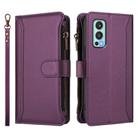 For OnePlus Nord 2 5G Magnetic Closure 9 Card Slots Zipper Leather Case with Hand Strap(Purple) - 2