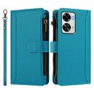 For OnePlus Nord 2T Magnetic Closure 9 Card Slots Zipper Leather Case with Hand Strap(Turquoise) - 2