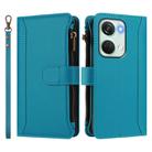 For OnePlus Nord 3 / Ace 2V Magnetic Closure 9 Card Slots Zipper Leather Case with Hand Strap(Turquoise) - 2