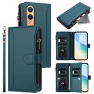 For OnePlus Nord CE4 Lite 5G Global Magnetic Closure 9 Card Slots Zipper Leather Case with Hand Strap(Dark Green) - 1
