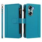 For Honor 60 5G Magnetic Closure 9 Card Slots Zipper Leather Case with Hand Strap(Turquoise) - 2