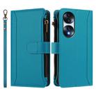 For Honor 70 5G Magnetic Closure 9 Card Slots Zipper Leather Case with Hand Strap(Turquoise) - 2