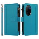 For Honor 100 Pro 5G Magnetic Closure 9 Card Slots Zipper Leather Case with Hand Strap(Turquoise) - 2