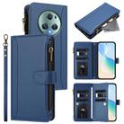 For Honor Magic5 Pro Magnetic Closure 9 Card Slots Zipper Leather Case with Hand Strap(Dark Blue) - 1