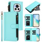 For Honor Magic6 5G Global Magnetic Closure 9 Card Slots Zipper Leather Case with Hand Strap(Mint Green) - 1