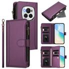 For Honor Magic6 Pro 5G Global Magnetic Closure 9 Card Slots Zipper Leather Case with Hand Strap(Purple) - 1