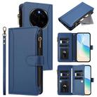 For Honor Magic7 Pro 5G Magnetic Closure 9 Card Slots Zipper Leather Case with Hand Strap(Dark Blue) - 1