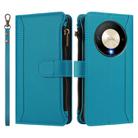 For Honor X9b 5G Global Magnetic Closure 9 Card Slots Zipper Leather Case with Hand Strap(Turquoise) - 2