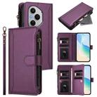 For Honor 400 Pro Magnetic Closure 9 Card Slots Zipper Leather Case with Hand Strap(Purple) - 1