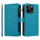 For BLU Bold K10 / G54 Magnetic Closure 9 Card Slots Zipper Leather Case with Hand Strap(Turquoise) - 2