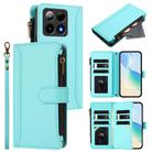 For Boost Mobile Summit 5G Magnetic Closure 9 Card Slots Zipper Leather Case with Hand Strap(Mint Green) - 1