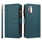 For Nokia G42 / G310 Magnetic Closure 9 Card Slots Zipper Leather Case with Hand Strap(Dark Green) - 2